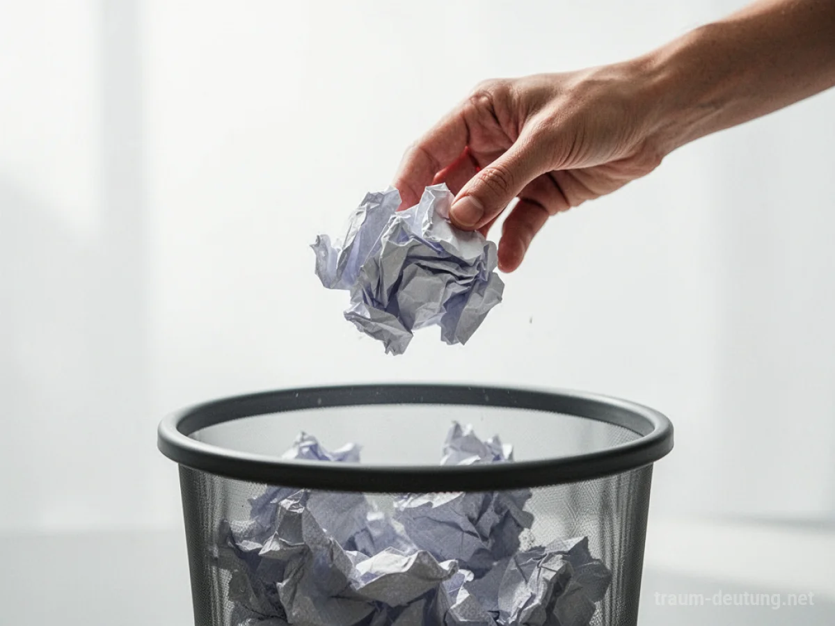 Hand wirft zerknülltes Papier in einen Papierkorb.
