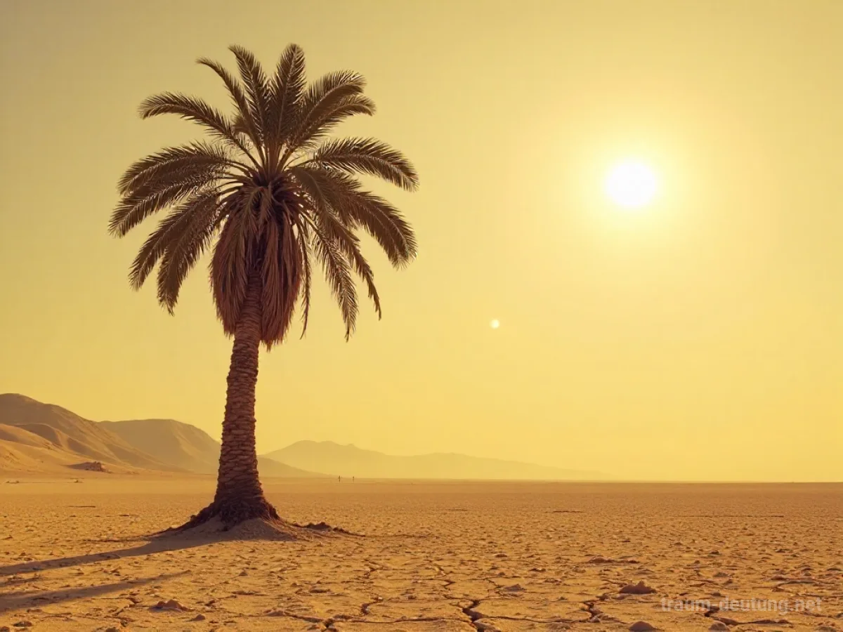 Eine vertrocknete Palme in einer kargen, rissigen Landschaft unter sengender Sonne.