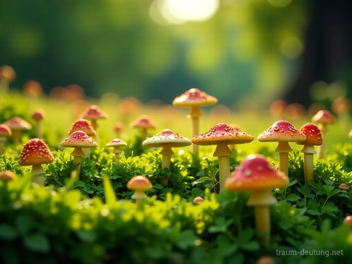 Unzählige bunte Pilze auf einer sonnigen Wiese