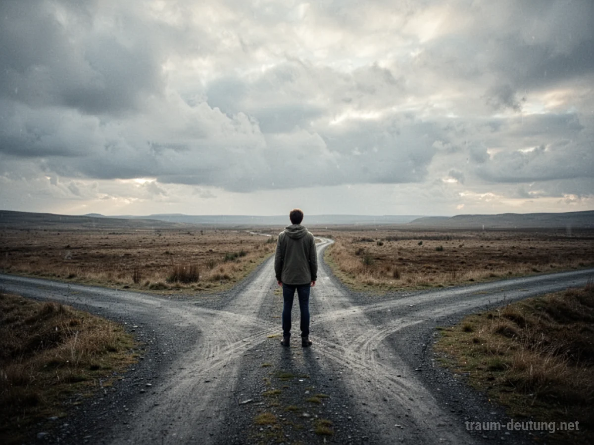 Person steht an einer Weggabelung in einer leeren Landschaft.