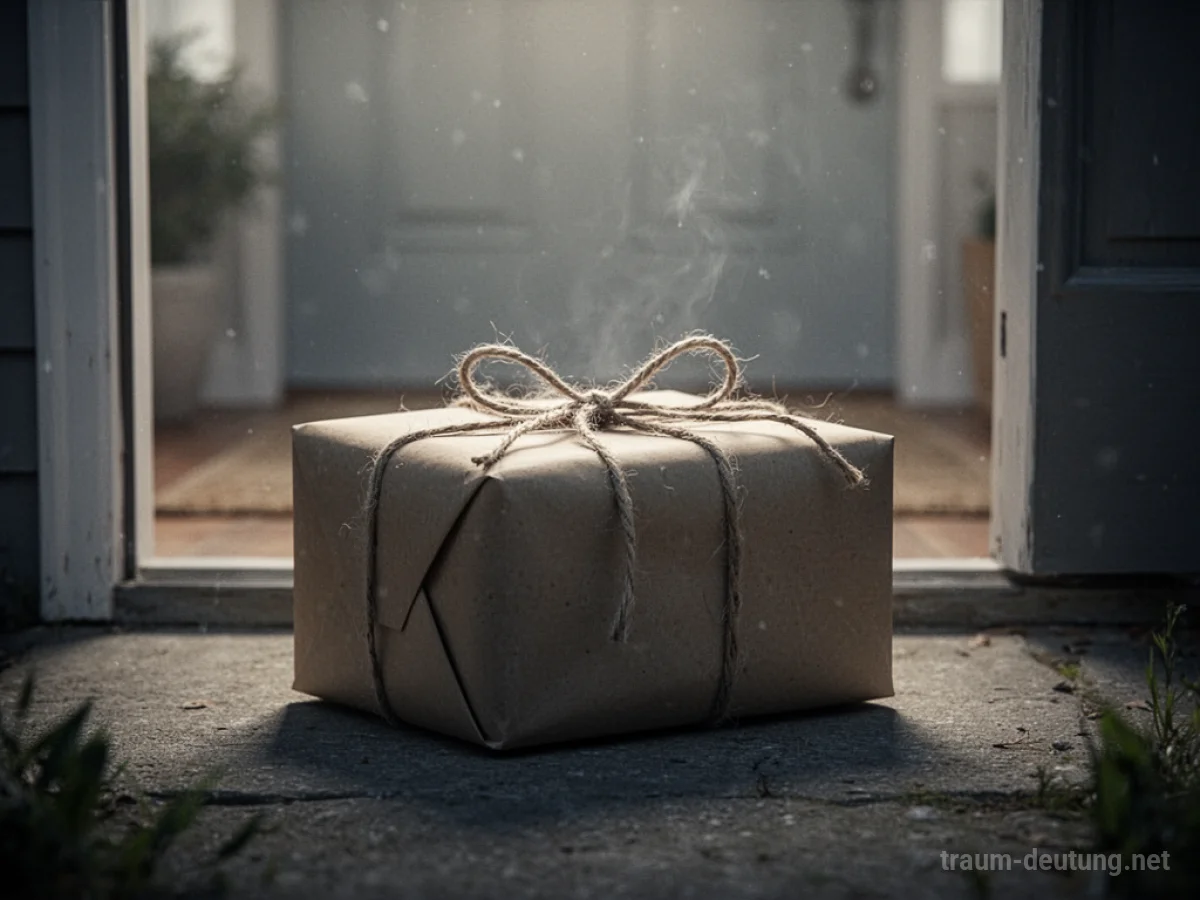 Ein mysteriöses, verpacktes Paket auf einer Türschwelle.