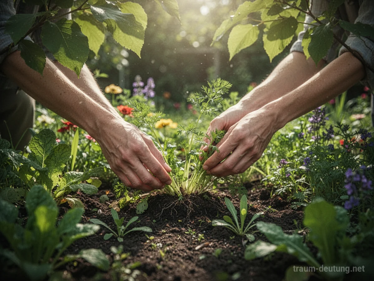 Hände jäten Unkraut in einem blühenden Gartenbeet