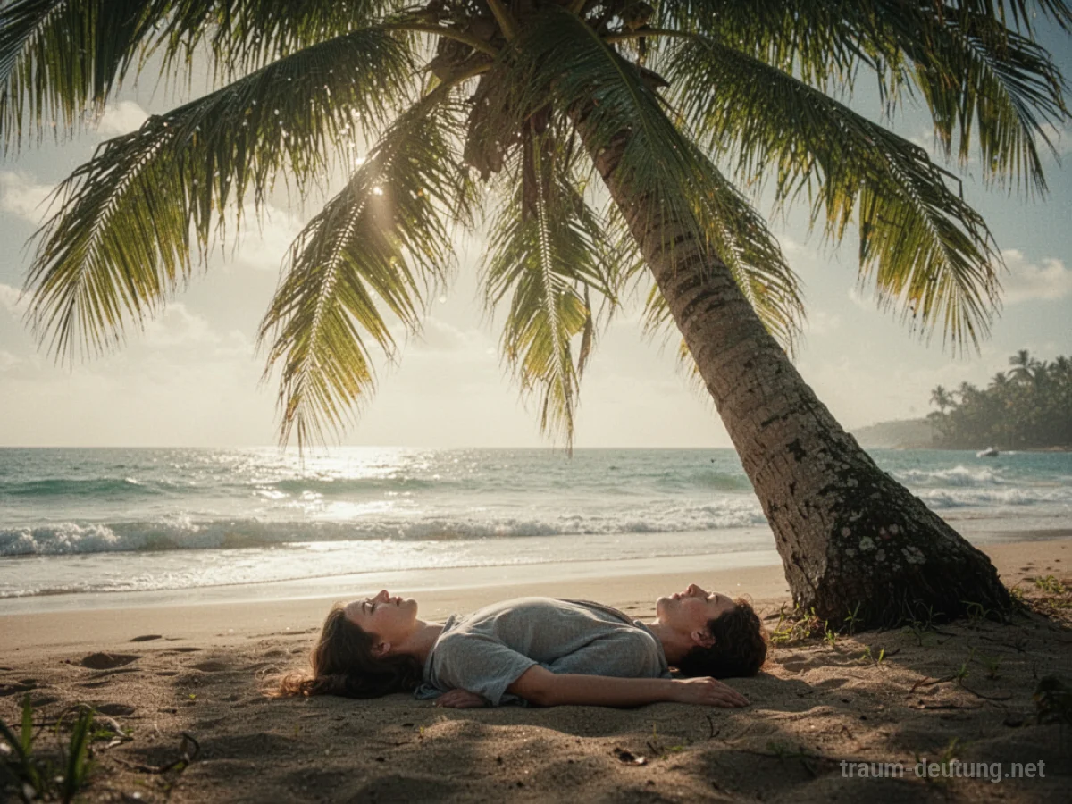 Person liegt entspannt im Schatten einer Palme am Strand.