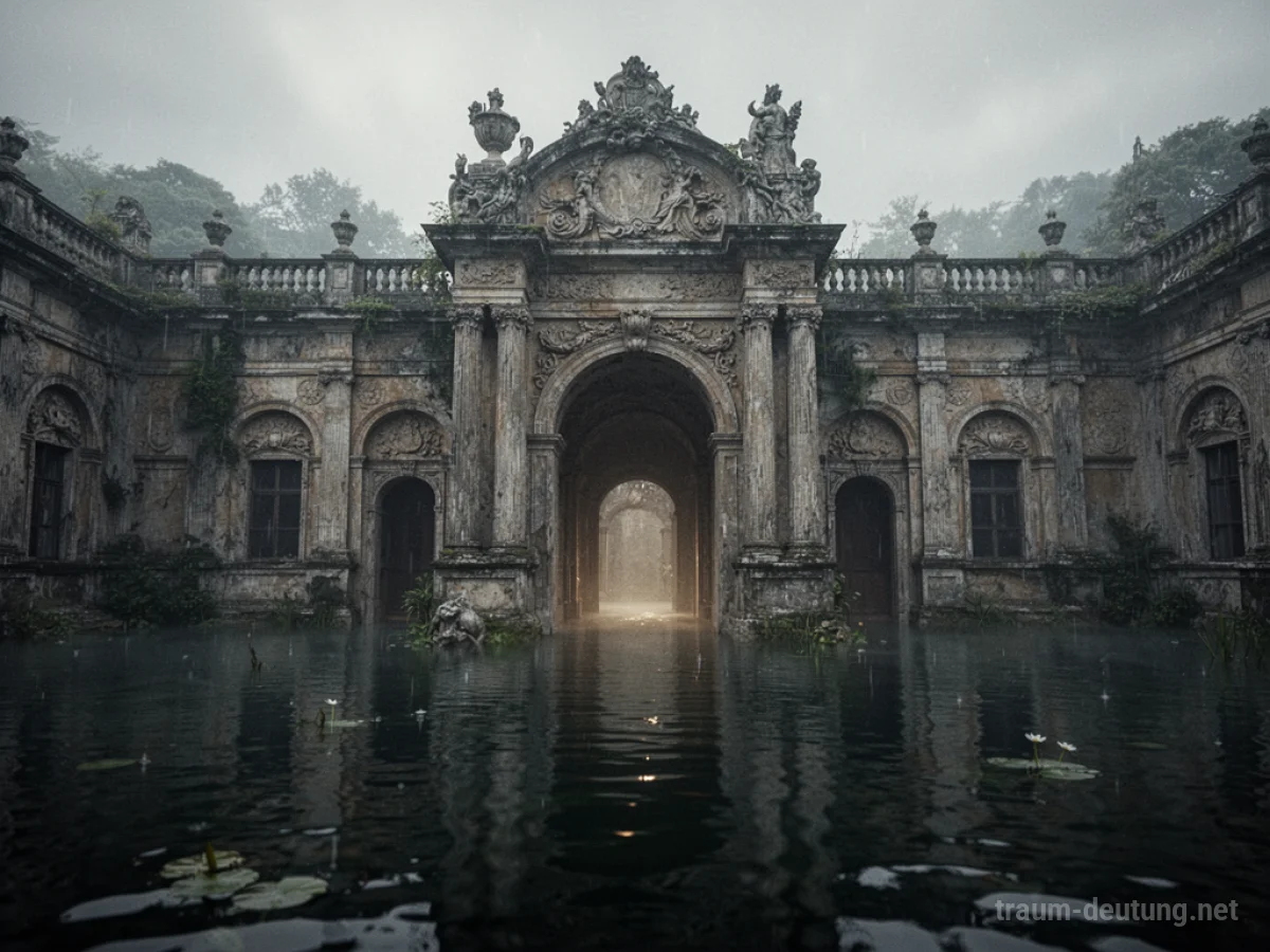 Eingang eines unterirdischen Palastes, der teilweise in dunklem Wasser liegt.