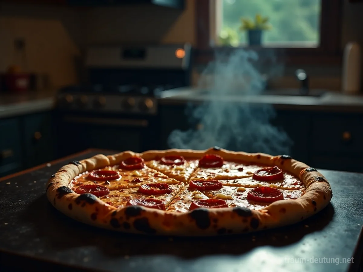 Eine verbrannte Pizza auf einem Küchentresen, mit Rauch aufsteigend.