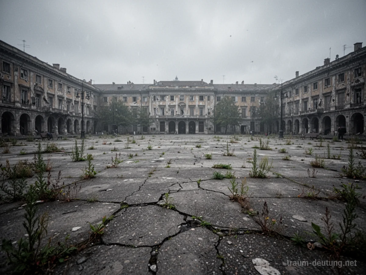 Ein verlassener Platz mit brüchigem Boden und überwucherten Pflanzen.