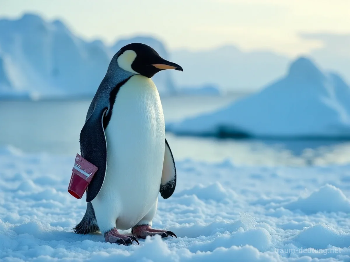 Ein verletzter Pinguin mit verbundenem Flügel auf Eis.