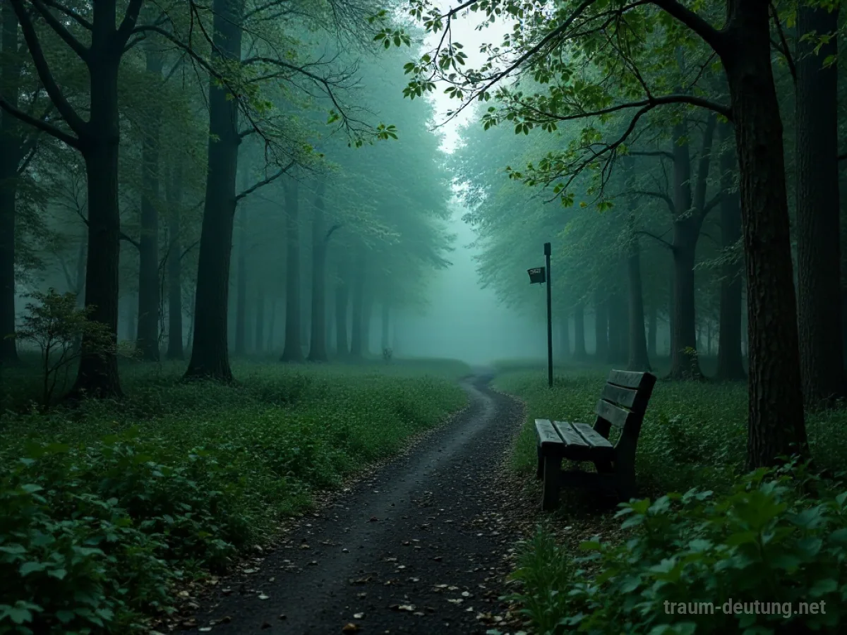 Ein verwilderter Park mit einem nebligen, unklaren Weg