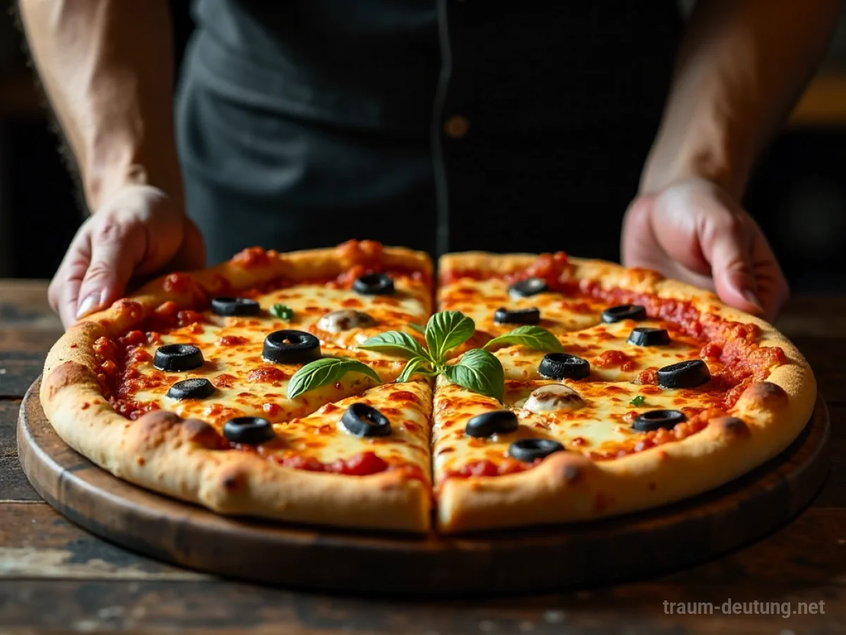 Hände greifen nach einer übervollen Pizza auf einem Tisch.