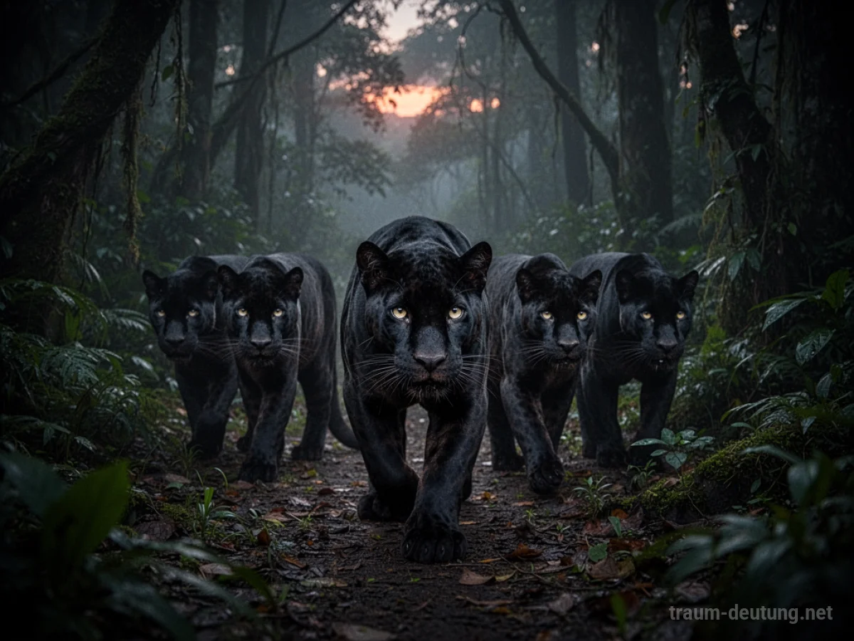 Viele schwarze Panther bewegen sich durch einen dichten Dschungel.