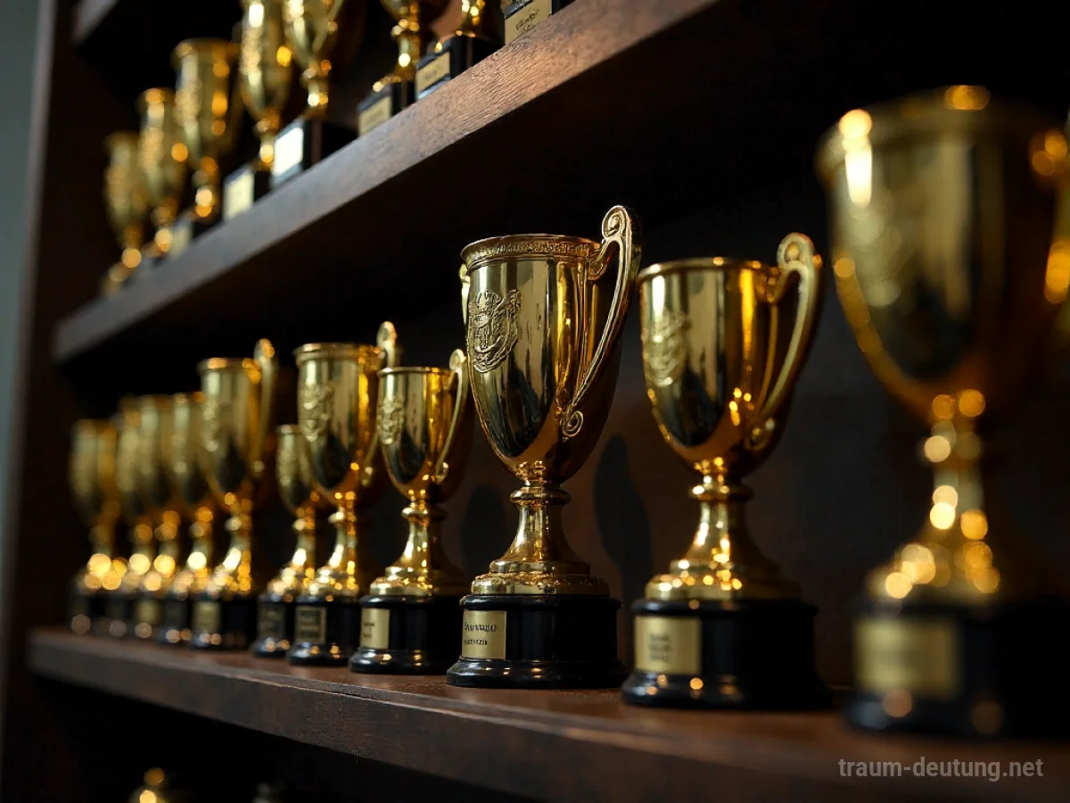 Viele glänzende Trophäen und Medaillen auf einem Regal.