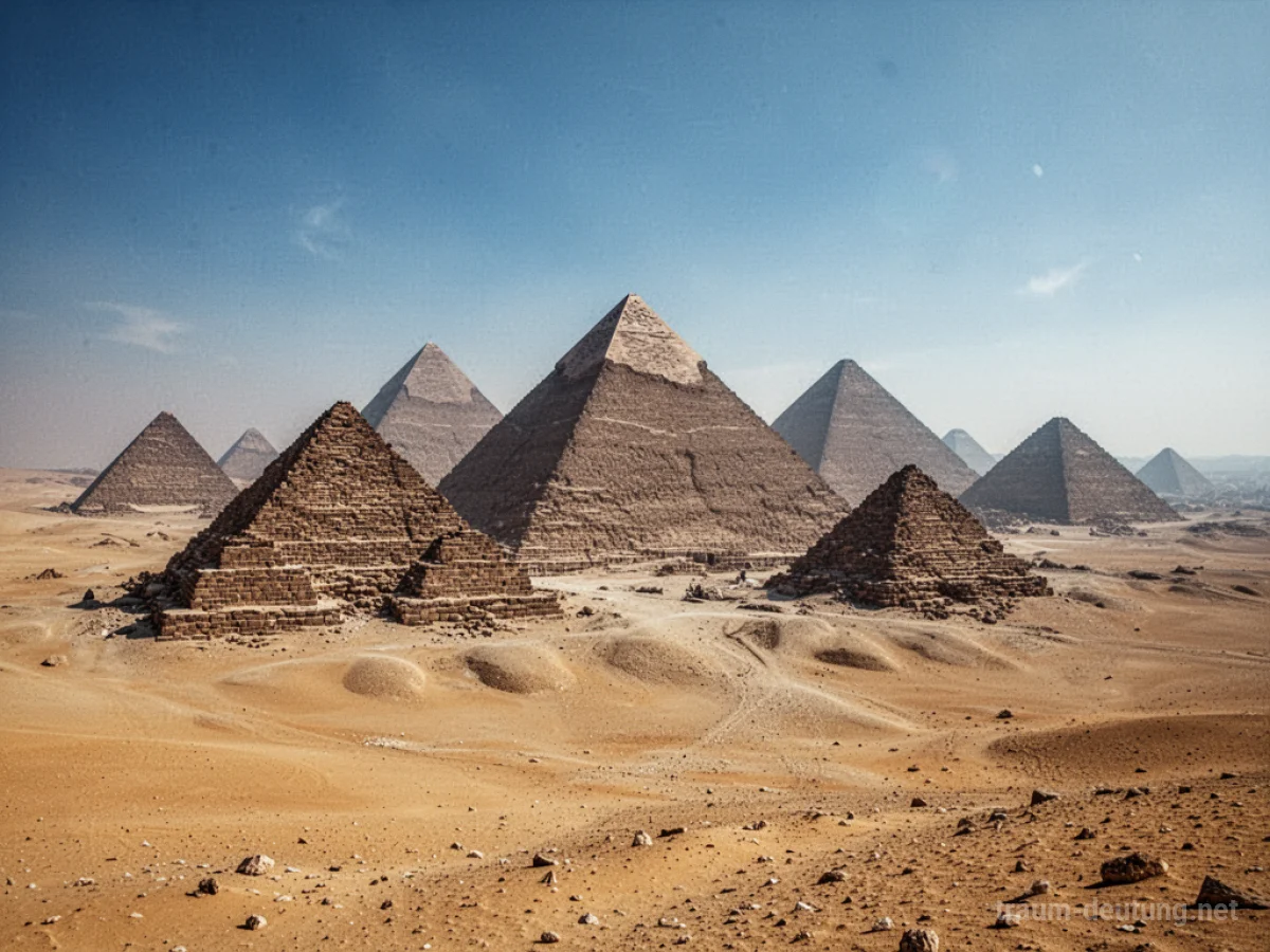 Zahlreiche antike Pyramiden in einer weiten Wüstenlandschaft