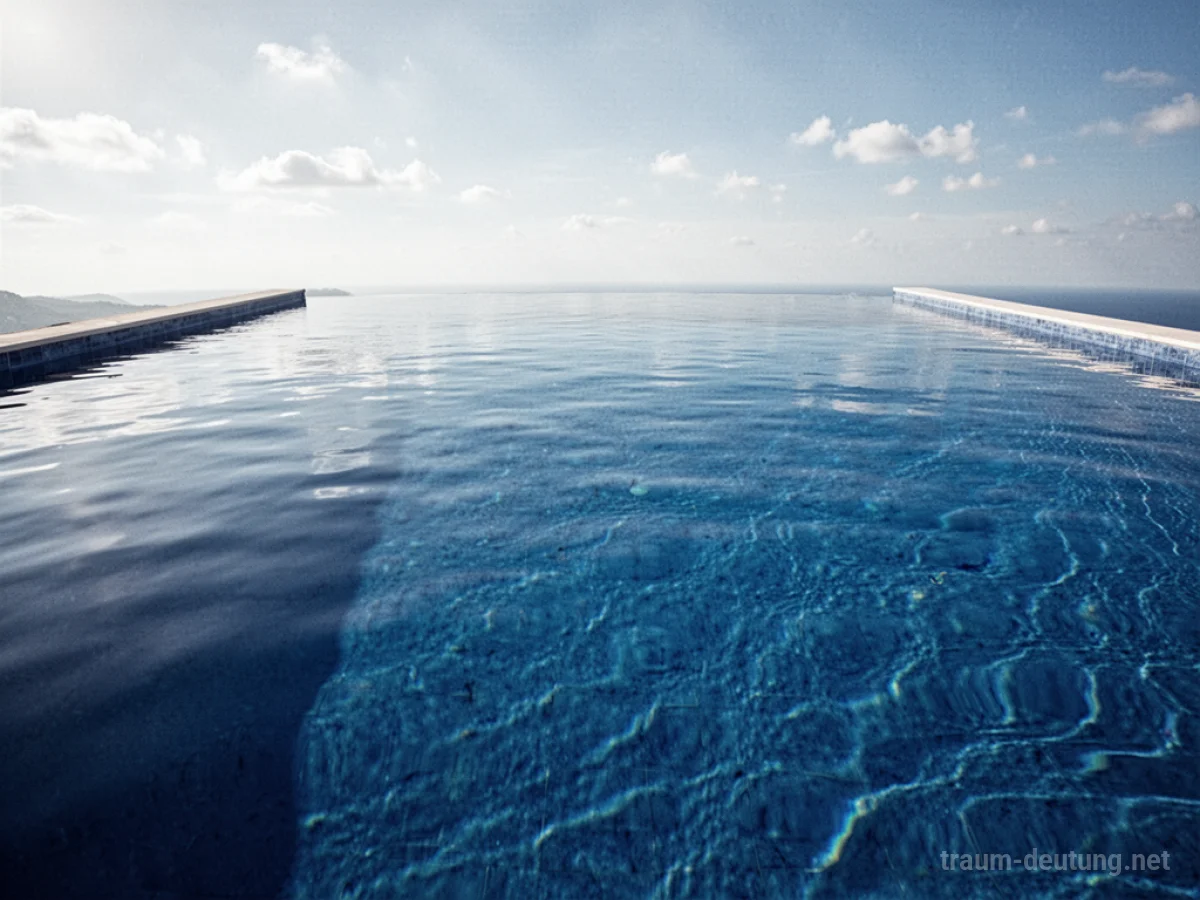 Ein voller Pool mit klarem, tiefblauem Wasser, das den Himmel reflektiert.