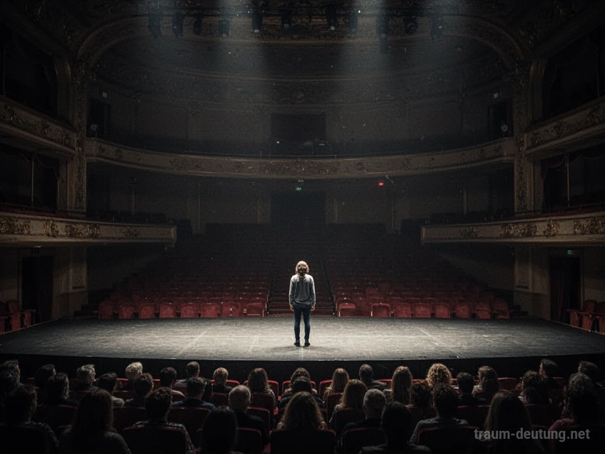 Eine einzelne Person steht allein auf einer riesigen Bühne und blickt in die Dunkelheit eines leeren Theaters.