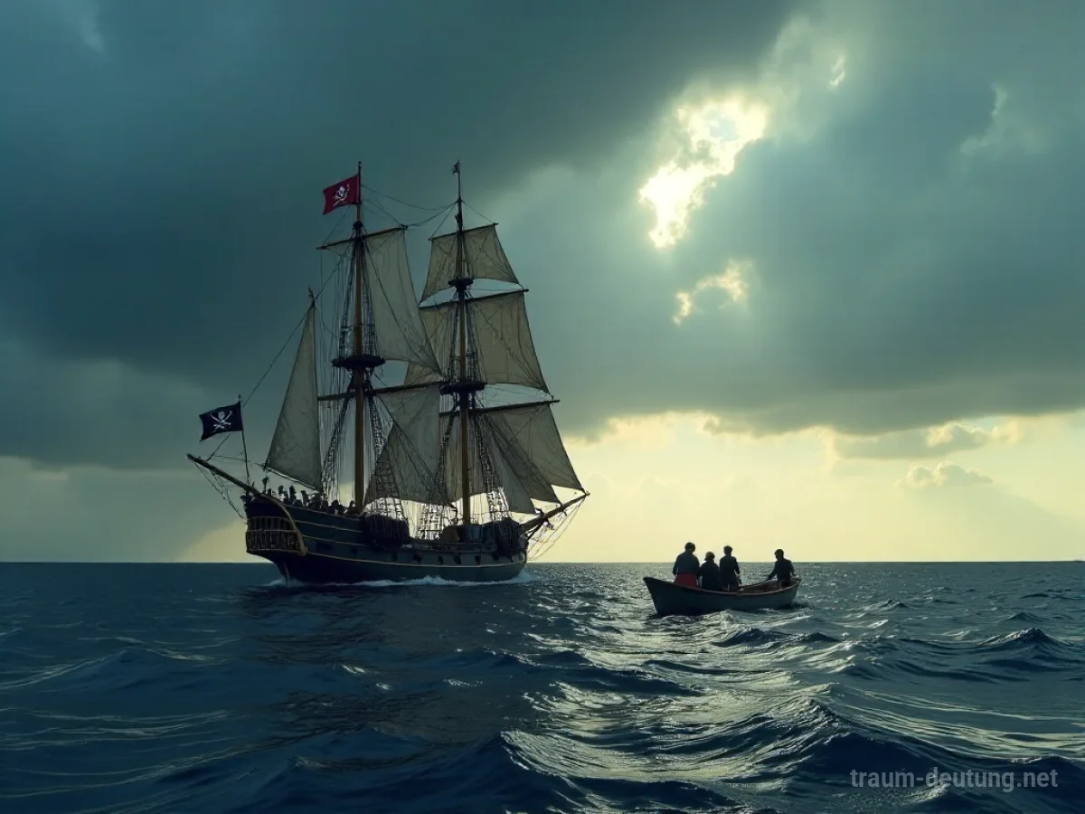Ein Segelschiff wird von einem Ruderboot mit bedrohlichen Silhouetten auf stürmischer See angegriffen.