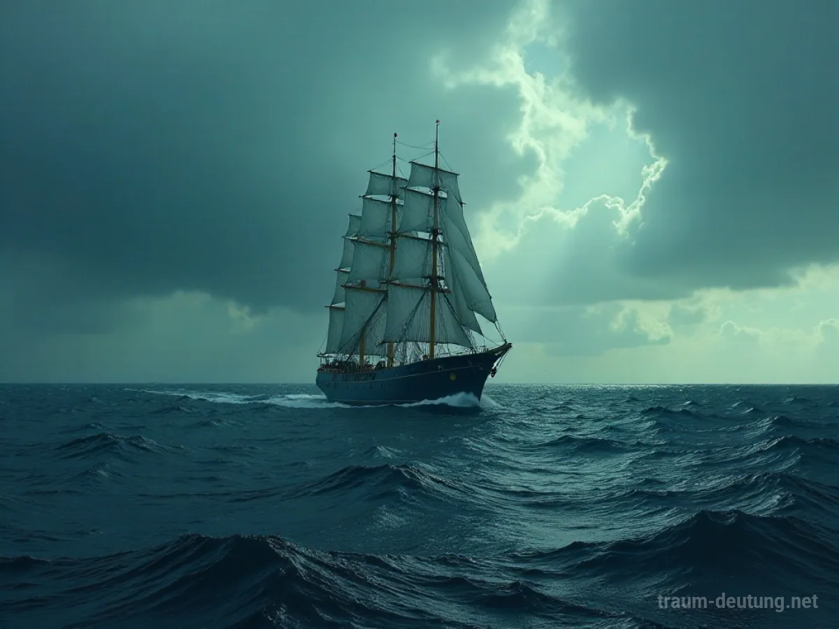 Schattenhafte Piraten auf einem Schiff bei stürmischer See, aus der Ferne gesehen.