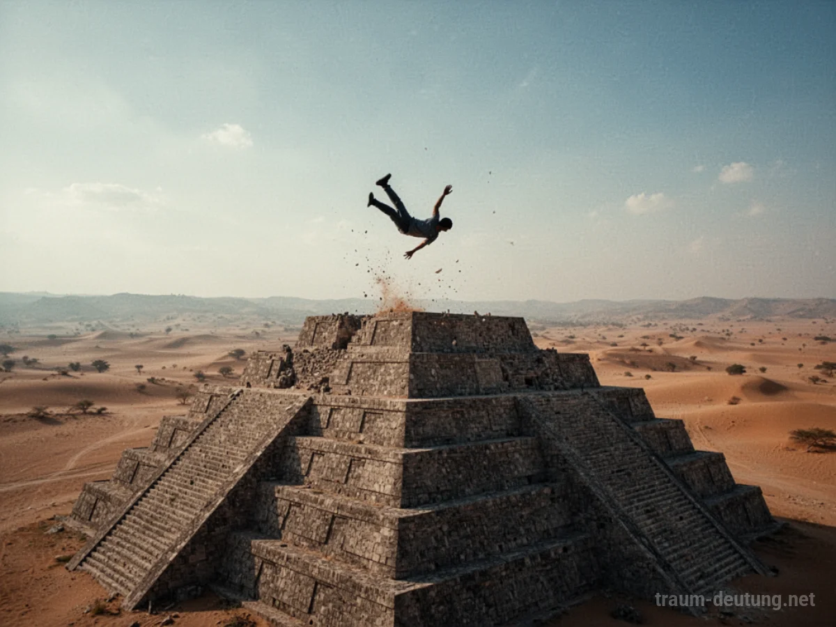 Silhouette einer Person, die von der Spitze einer Pyramide fällt, mit Wüstenlandschaft im Hintergrund.