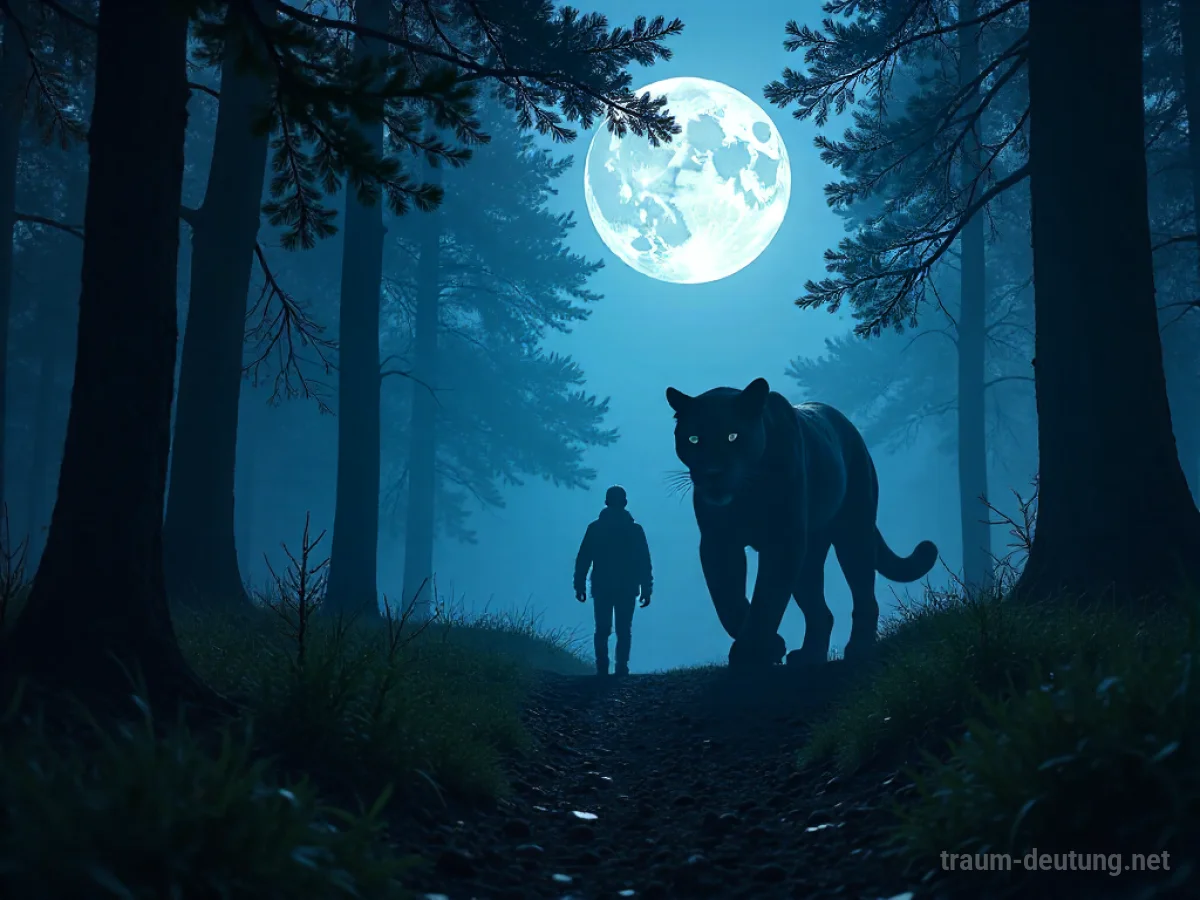 Eine Person rennt vor einem dunklen Panther durch einen Wald bei Nacht.