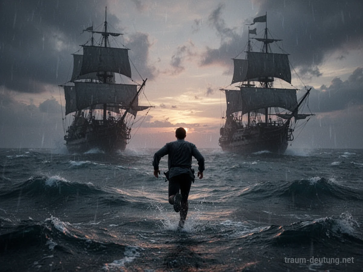Eine Person flieht vor Piratenschiffen auf stürmischer See.