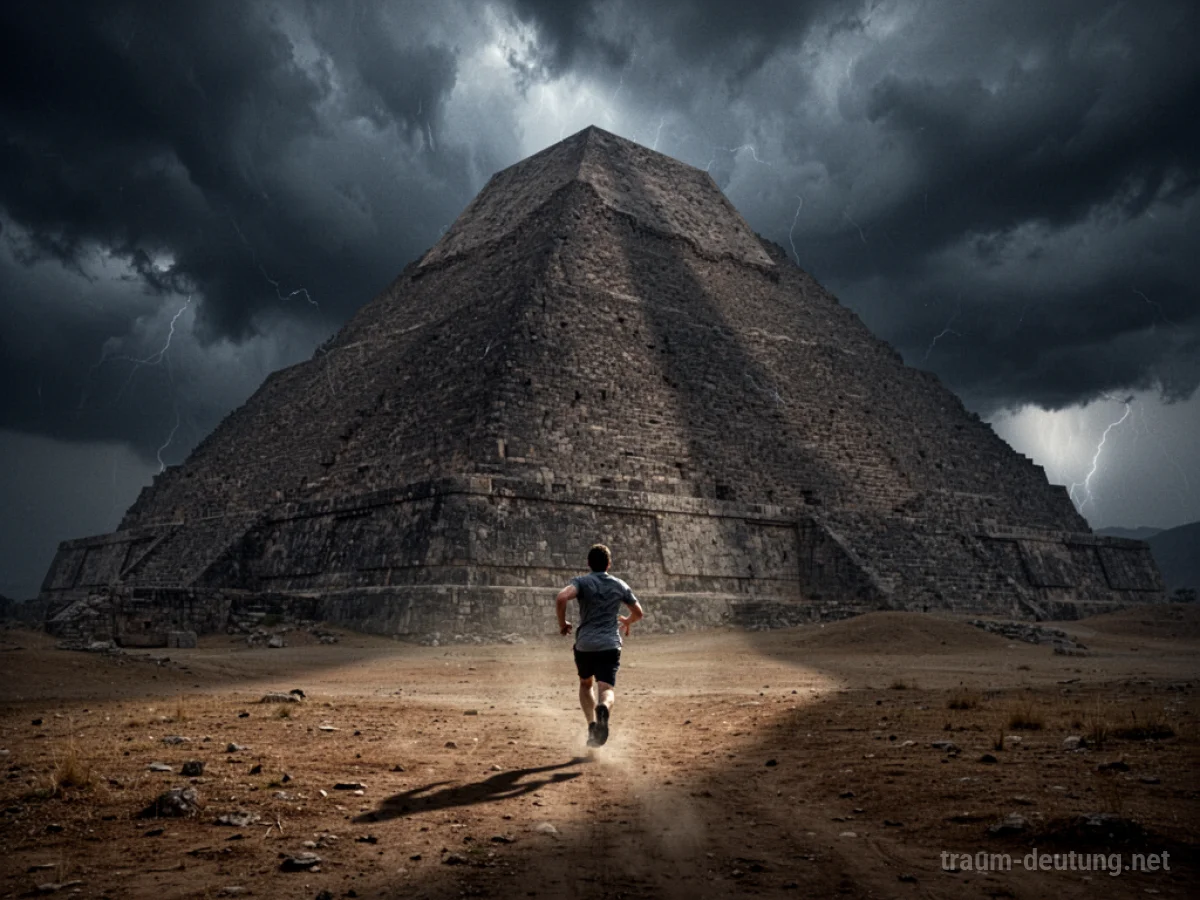 Eine Person flieht vor einer riesigen Pyramide im Dunkeln