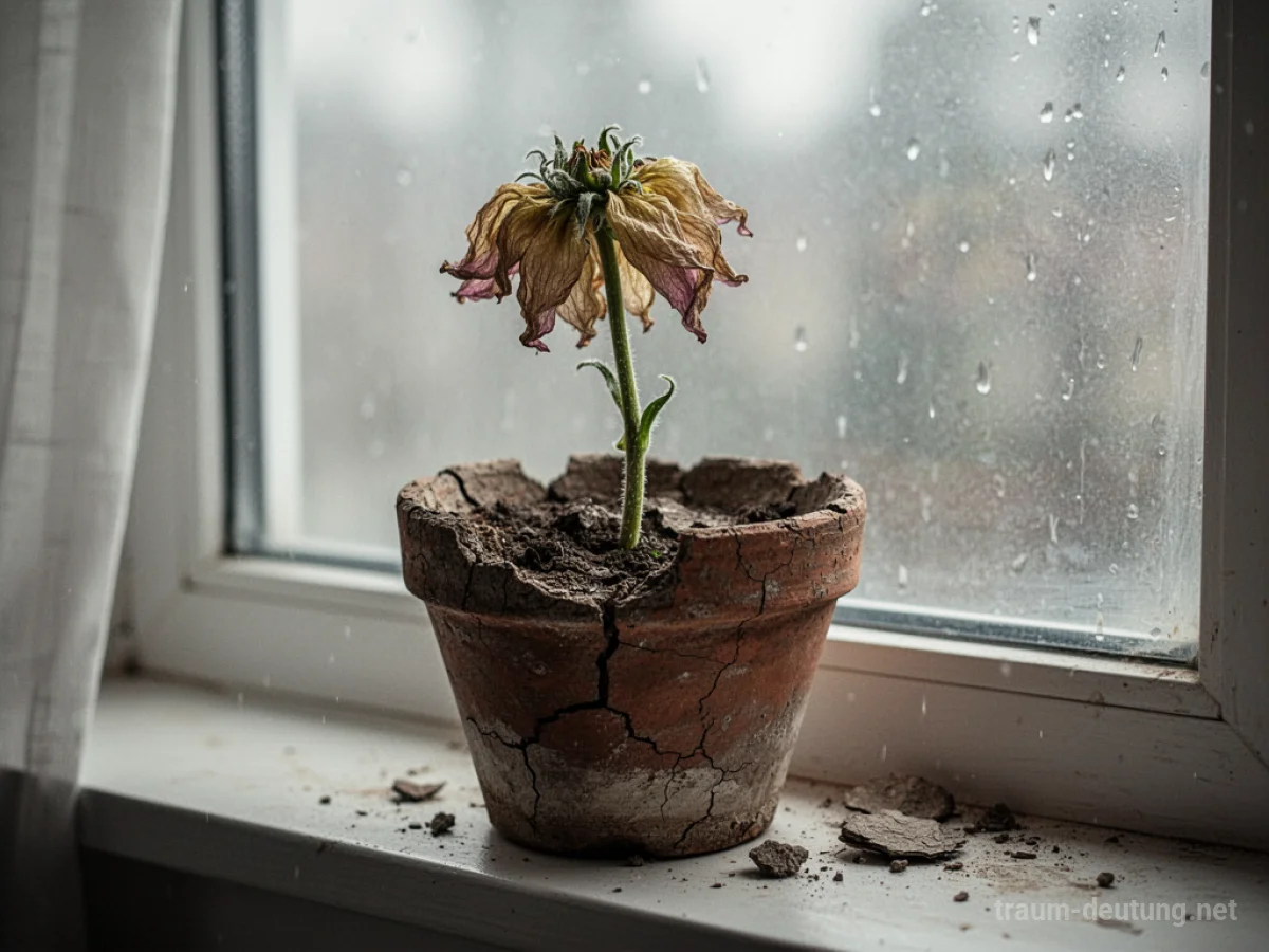 Verwelkte Blume in einem trockenen Topf auf einer Fensterbank