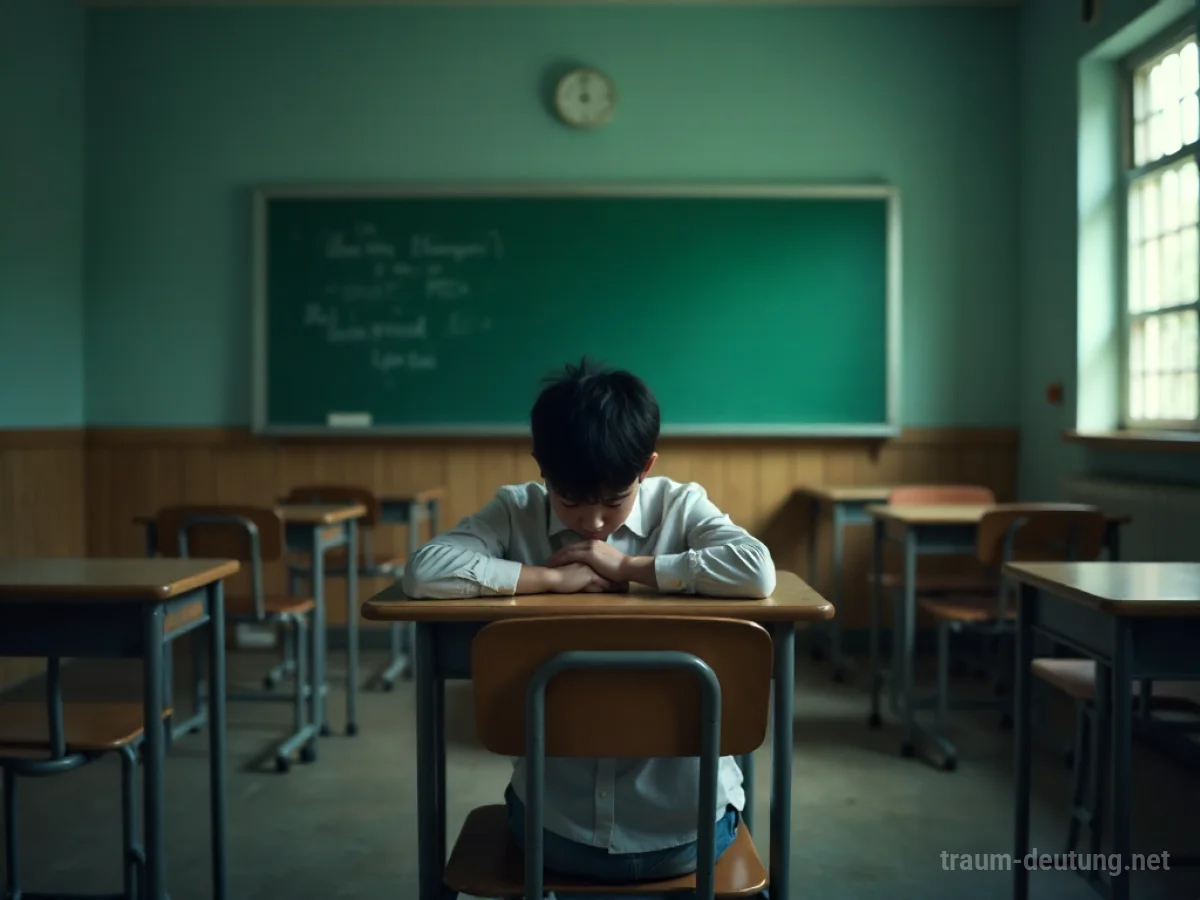 Ein Schüler sitzt allein an einem Schreibtisch in einem leeren Klassenzimmer, den Kopf in den Händen haltend.