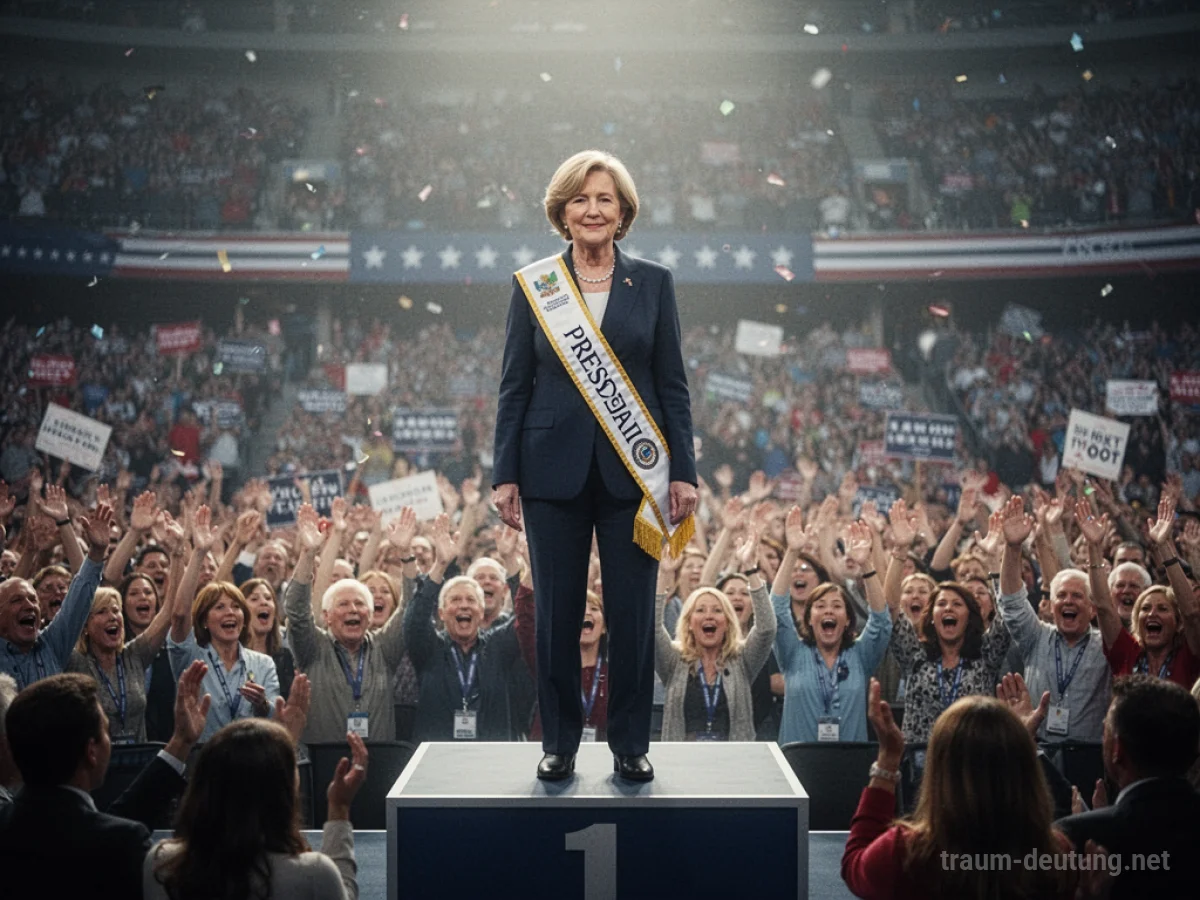 Person steht auf einem Podium vor jubelnder Menge als Präsident.