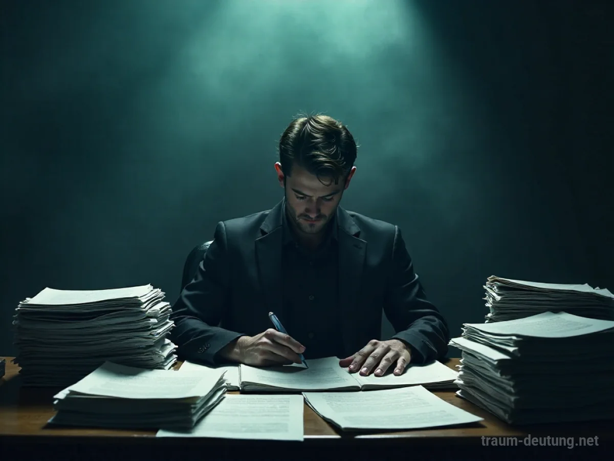 Überforderte Person am Schreibtisch mit Papierbergen, bedrohliche Schatten.