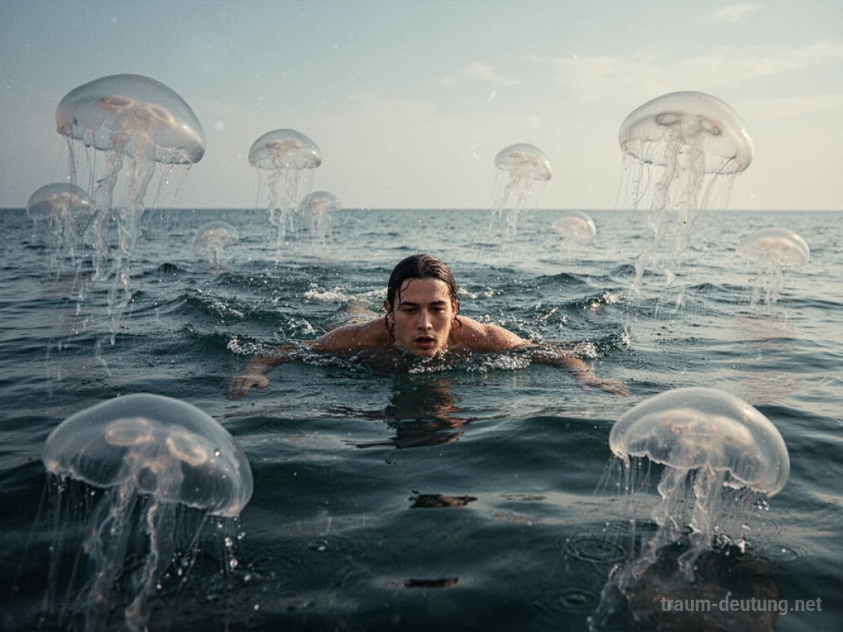Person schwimmt friedlich durch eine Unterwasserwelt mit durchscheinenden Quallen.