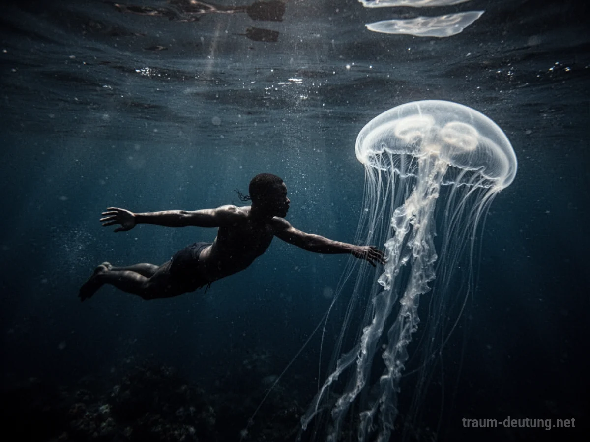 Schattenfigur schwimmt vor einer Qualle im Wasser