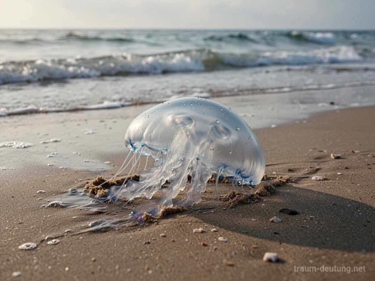 Eine Qualle liegt am Strand, sanfte Wellen im Hintergrund.