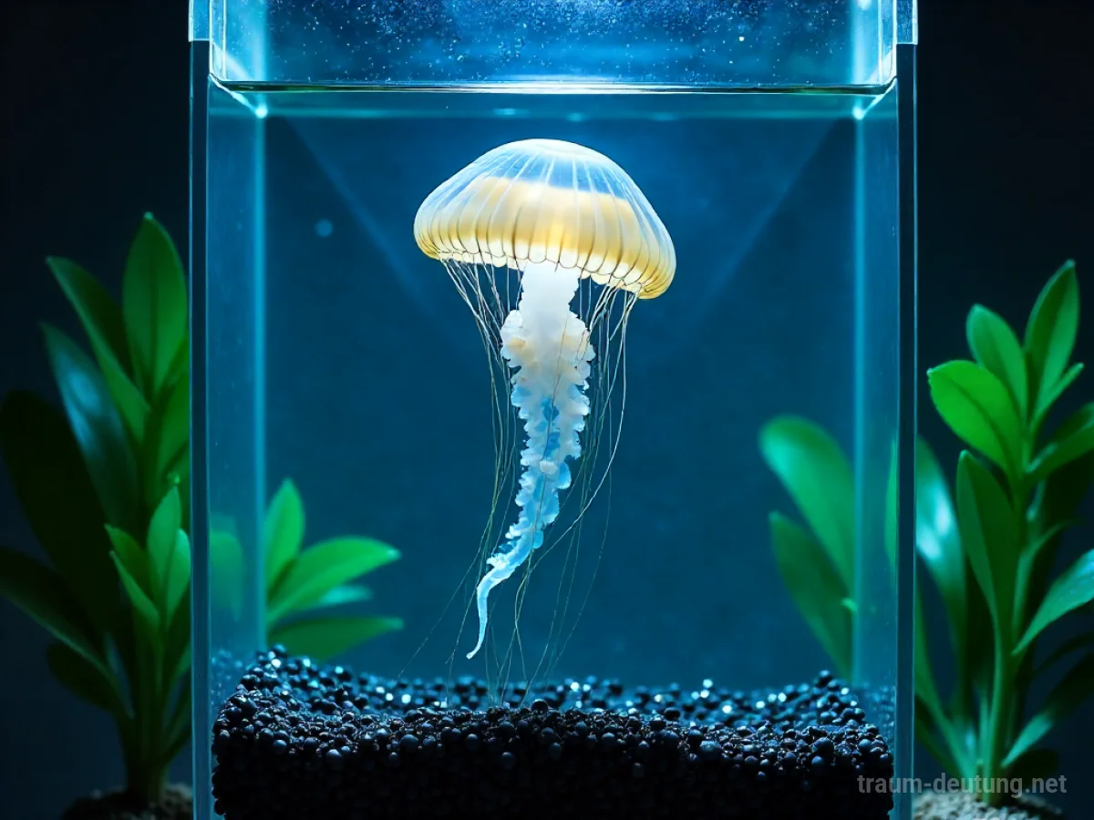 Eine Qualle schwimmt ruhig in einem Glasaquarium.