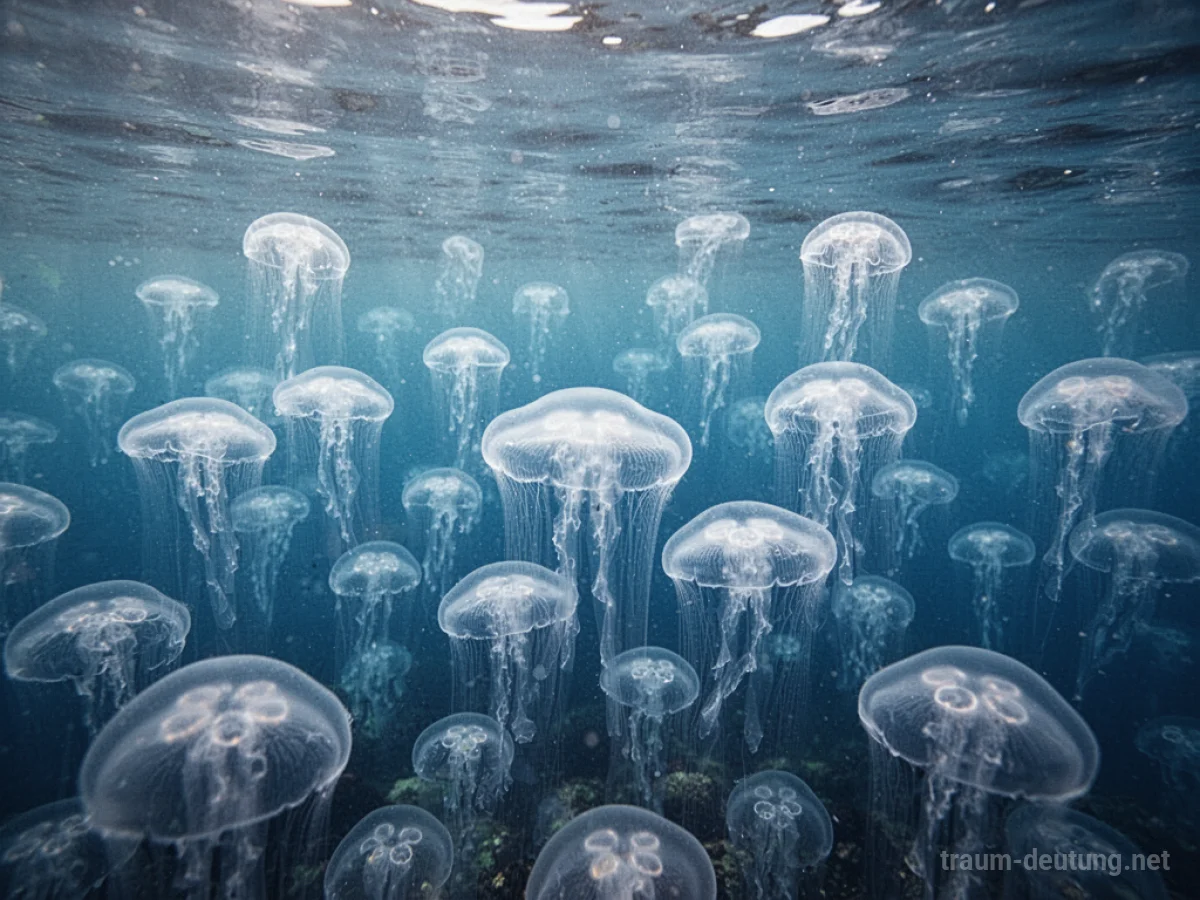 Viele durchsichtige Quallen treiben in klarem blauen Wasser.