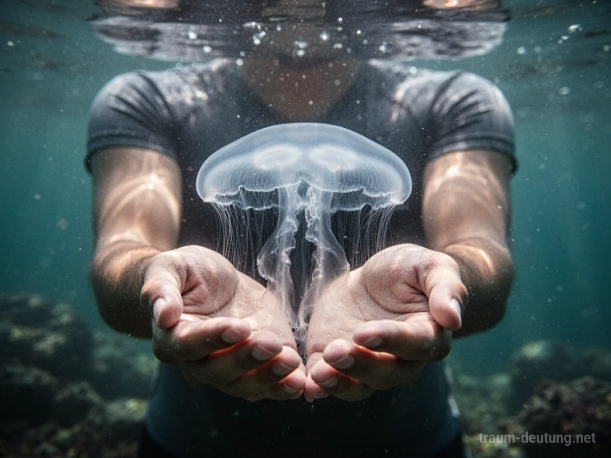 Person hält eine Qualle in den Händen unter Wasser.