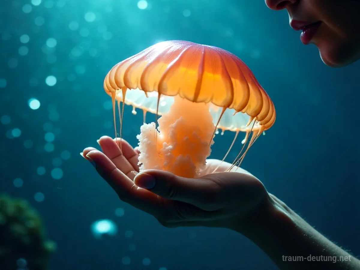 Eine Hand füttert eine Qualle im Wasser
