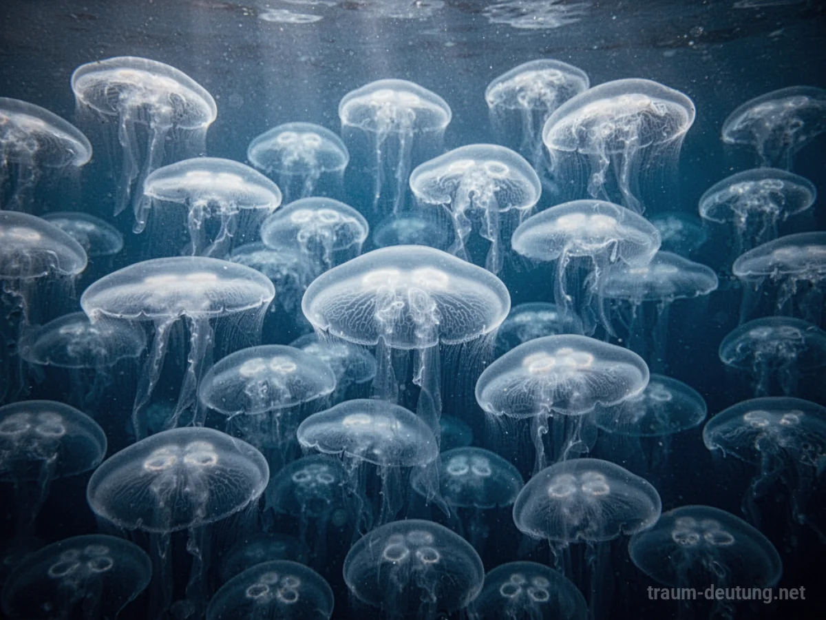 Viele durchscheinende Quallen treiben in tiefblauem Wasser.