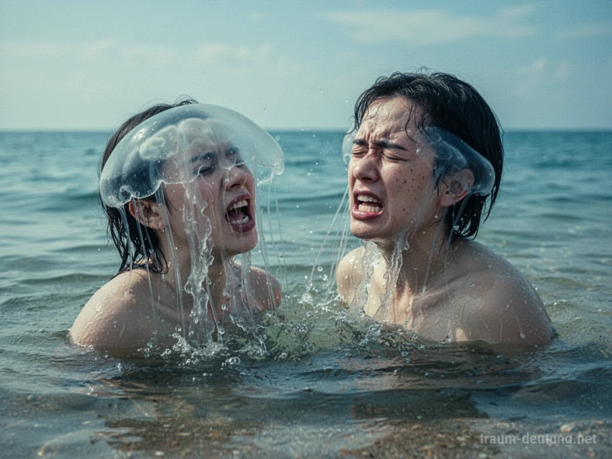 Person weicht einem Stich einer Qualle im Wasser aus.