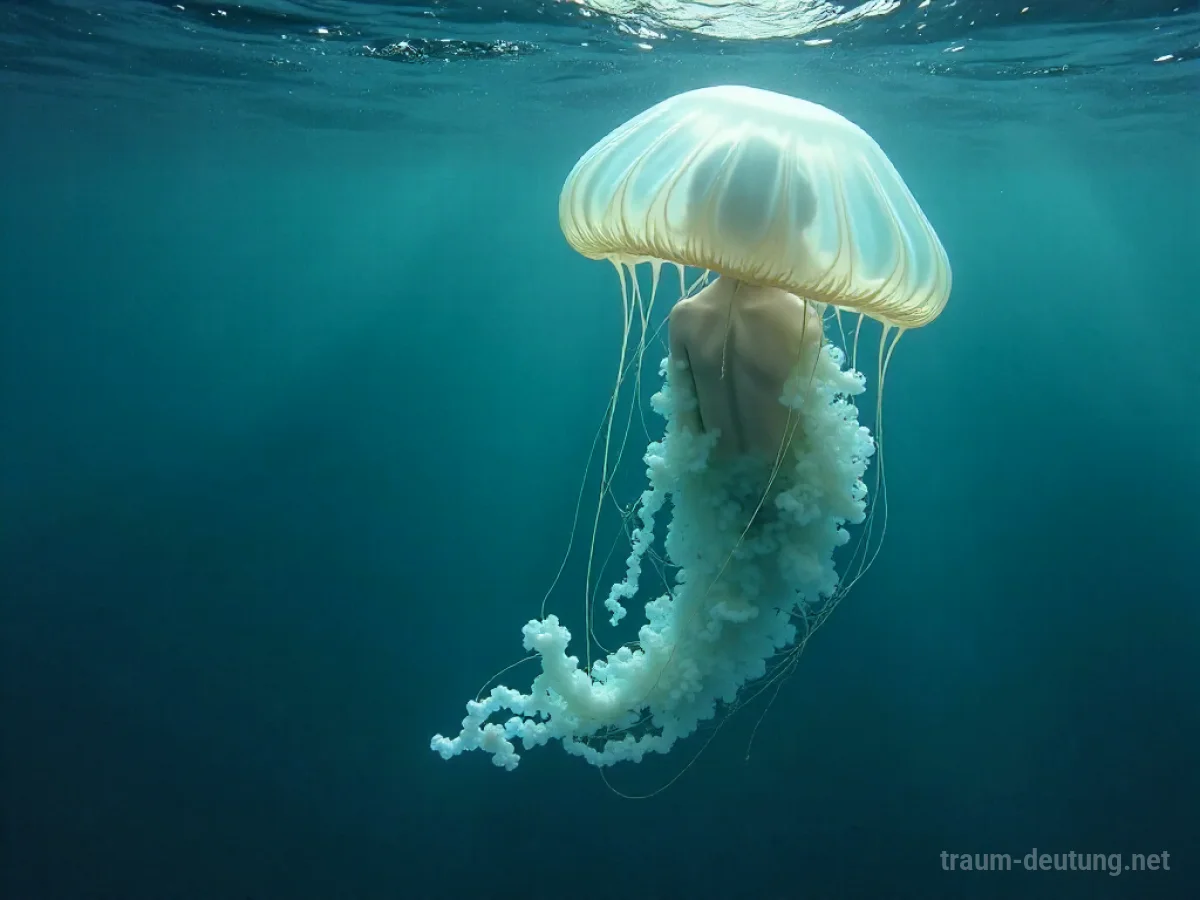 Menschliche Gestalt löst sich auf und wird zu einer Qualle im Wasser