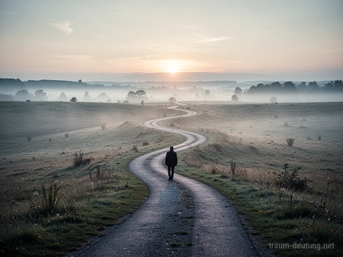 Einzelne Person geht auf einem Weg in einer weiten Landschaft dem Horizont entgegen.