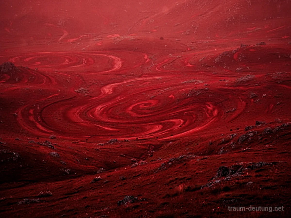 Eine Traumlandschaft, in der alles rot gefärbt ist.
