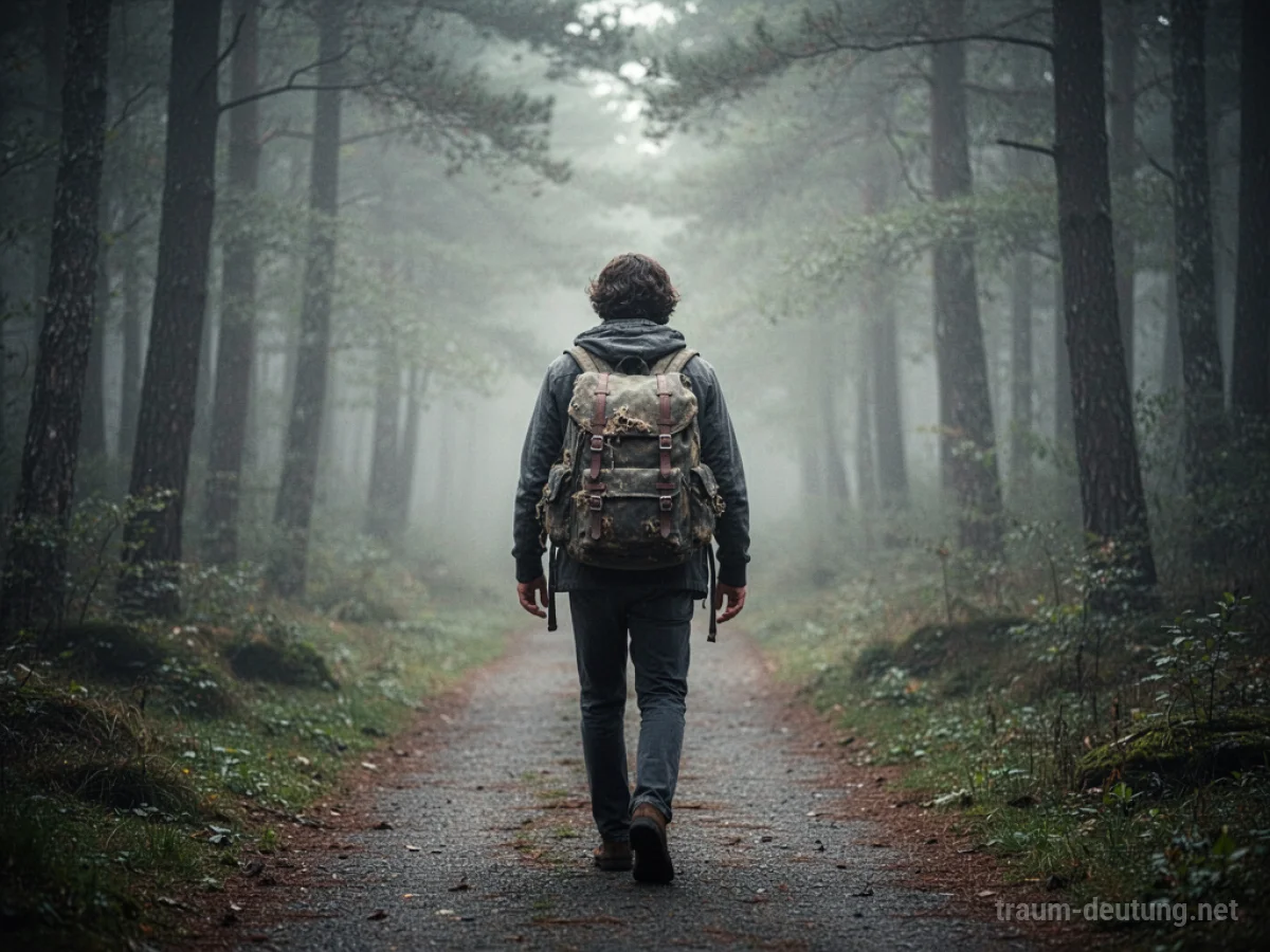 Person trägt alten Rucksack auf einem Waldweg