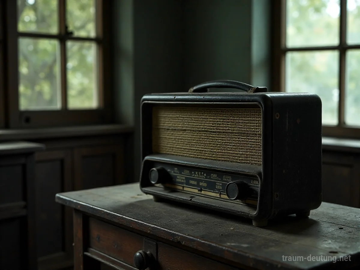 Ein altes, staubiges Vintage-Radio auf einem Holztisch in einem schwach beleuchteten Raum.