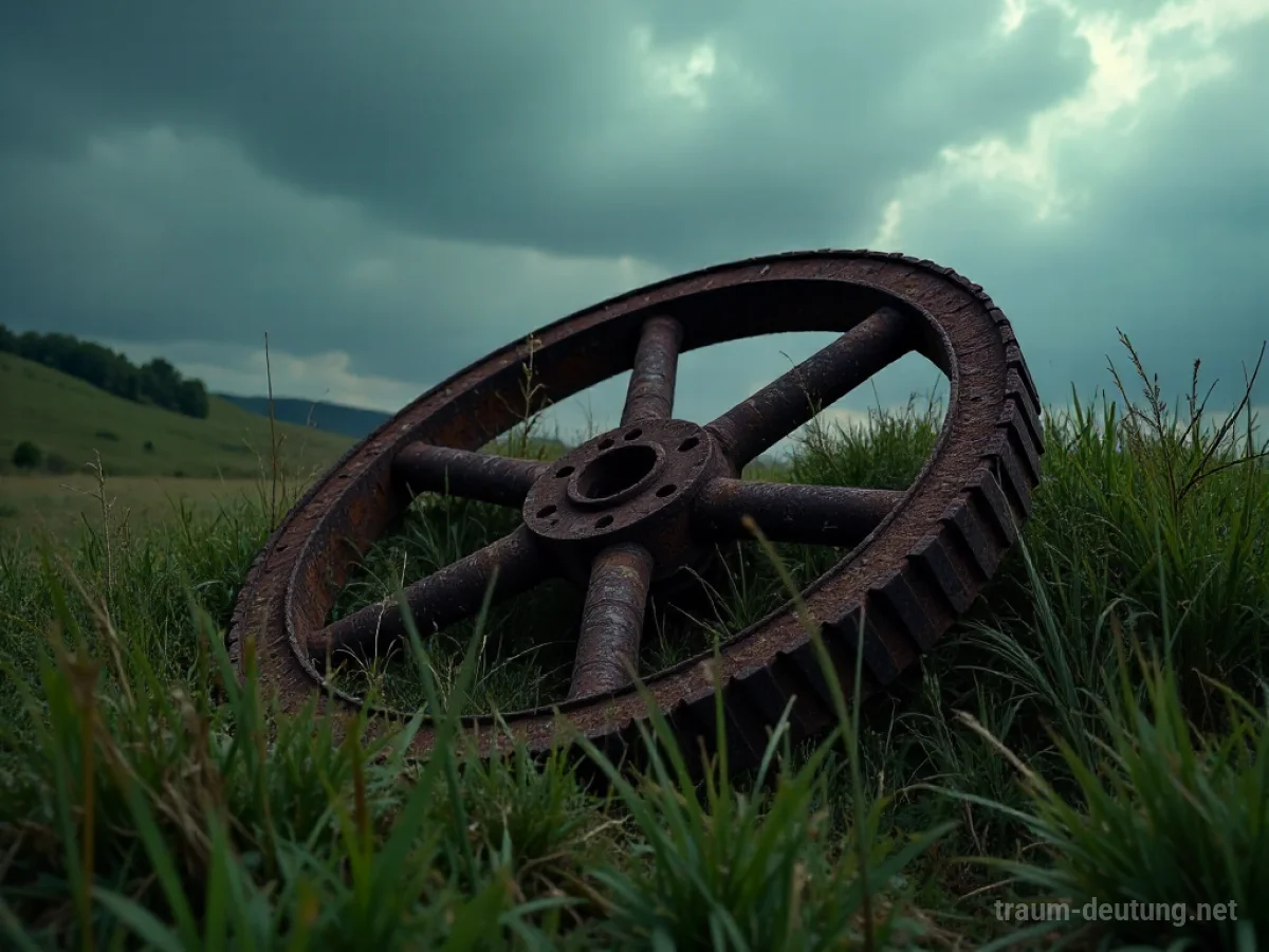 Ein altes, verrostetes Rad liegt im Gras.