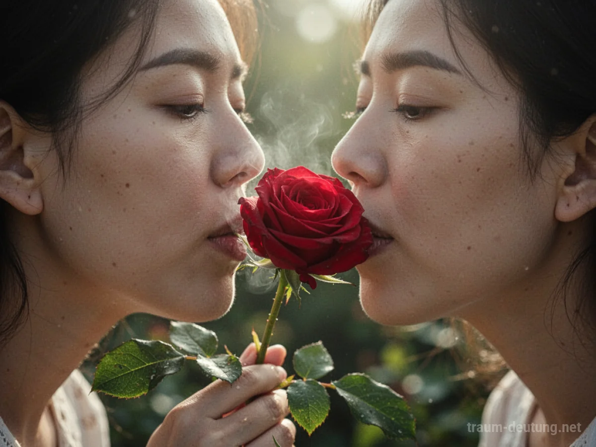 Eine Person riecht an einer roten Rose, Sonnenlicht fällt auf die Blüte.