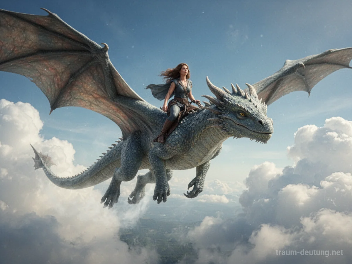 Person reitet auf einem freundlichen Drachen durch den blauen Himmel