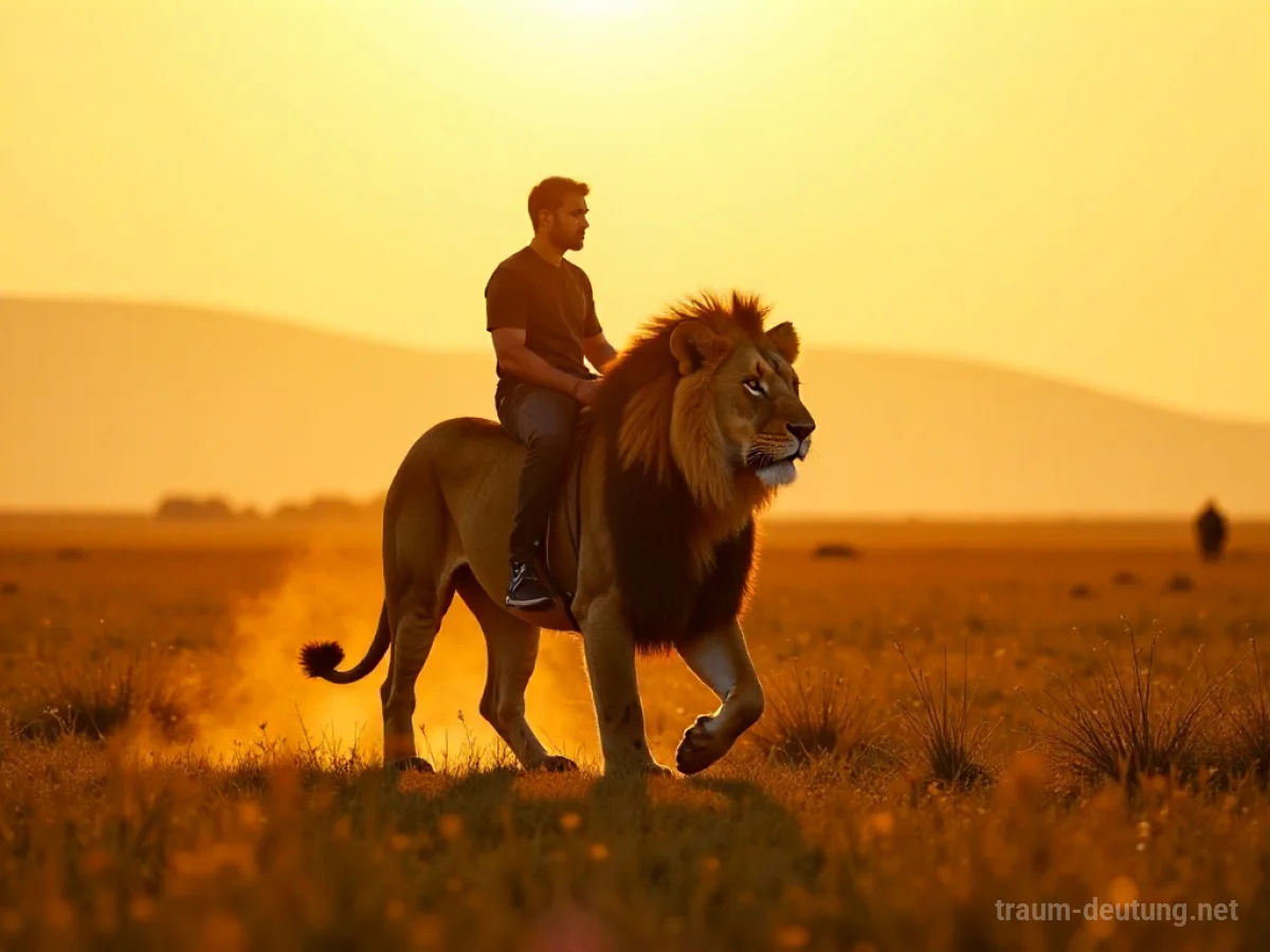 Eine Person reitet auf einem majestätischen Löwen durch eine sonnenbeschienene Savanne.