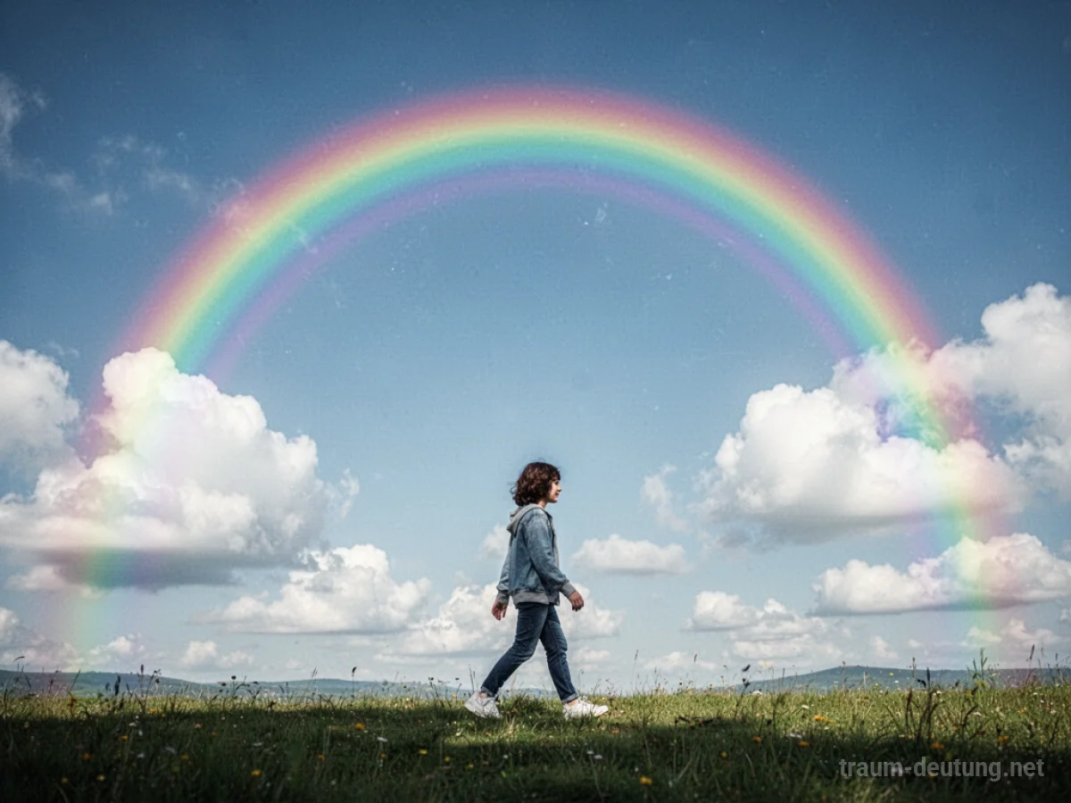 Person geht auf einem leuchtenden Regenbogen über blauen Himmel.
