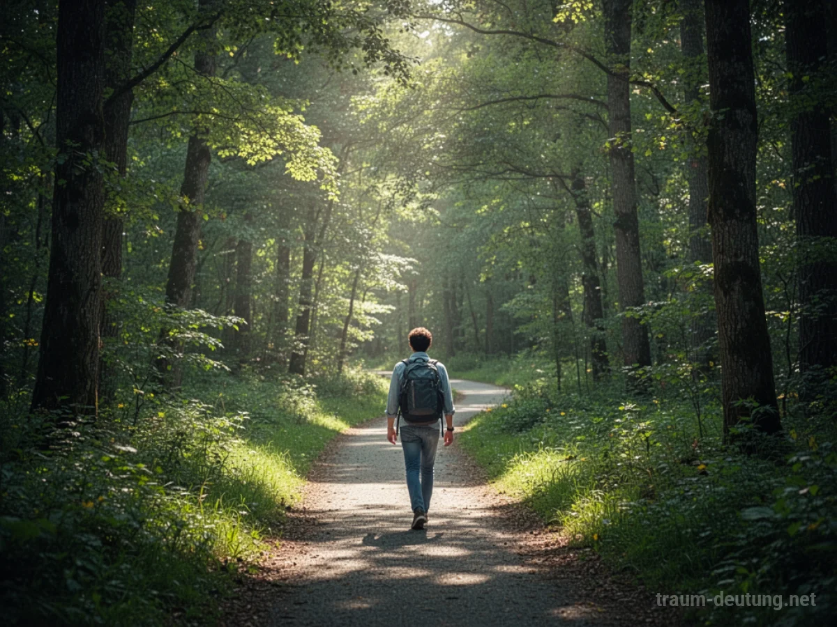 Person geht auf einem Pfad durch einen sonnigen Wald.