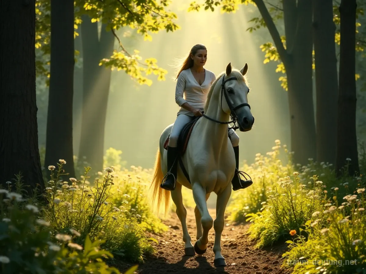 Person reitet auf einem weißen Einhorn durch einen sonnigen Wald.