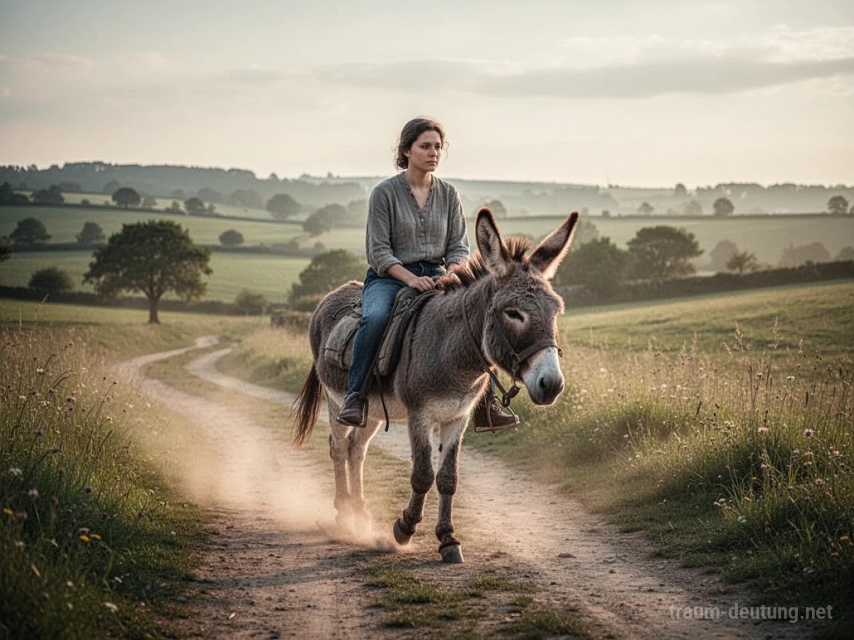 Eine Person reitet ruhig auf einem Esel auf einem Feldweg.
